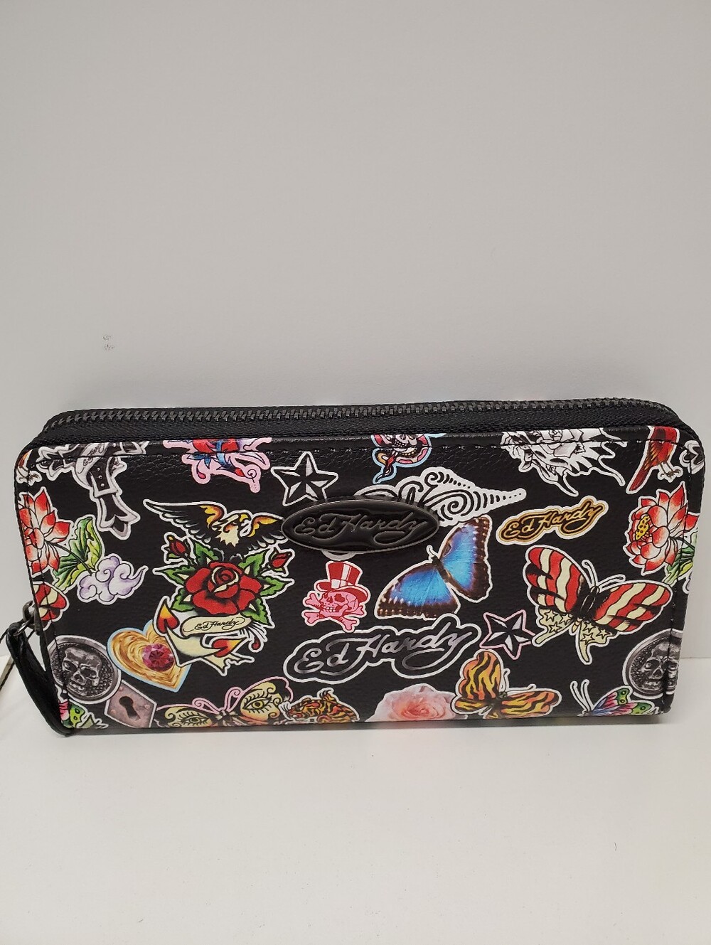 Ed Hardy Black Tattoo-Print Ziparound Wallet with Colorful Motifs